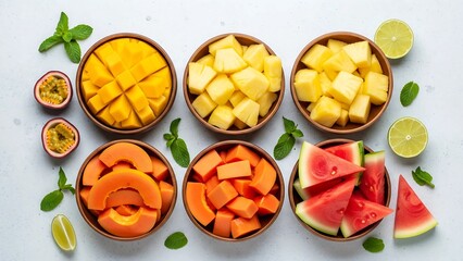 Top view of tropical fruits like mango, pineapple, papaya, and watermelon in bowls, captured with bright summer mood, perfect for healthy tropical lifestyle and food design.