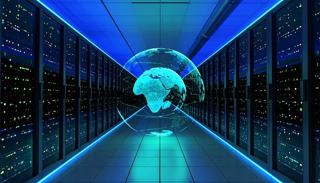 Futuristic server room with a glowing Earth at its center (1)
