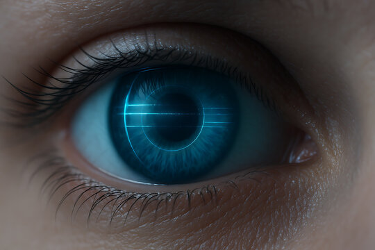 Futuristic close-up of a human eye with glowing digital interface, symbolizing advanced vision technology and cybernetic enhancement.