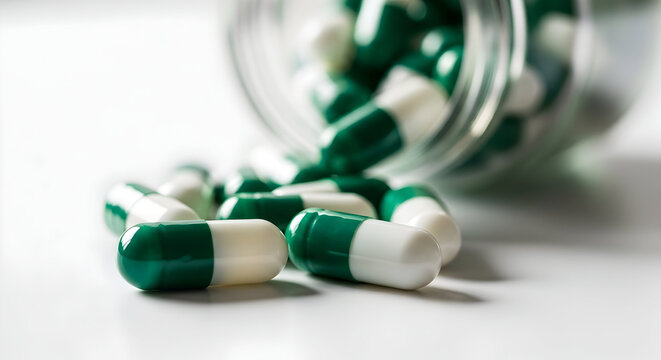 Green and white capsules spilling from a glass jar pharmaceutical medicine healthcare pills drug treatment therapy supplement vitamin health wellness medical care pharmacy dosage dose medication