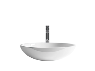 Modern white ceramic vessel sink with chrome faucet isolated on transparent background