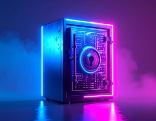 Futuristic safe with neon glow, reflecting on a dark surface