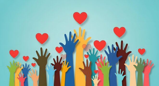Flat lay image of diverse hands reaching up towards red hearts against a light blue background, conveying a hopeful and compassionate mood.