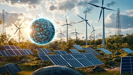 Renewable energy farm with digital sphere - Powered by Adobe