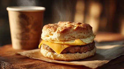 A classic breakfast biscuit sandwich with fluffy folded egg and cheese, symbolizing a hearty and delicious morning meal