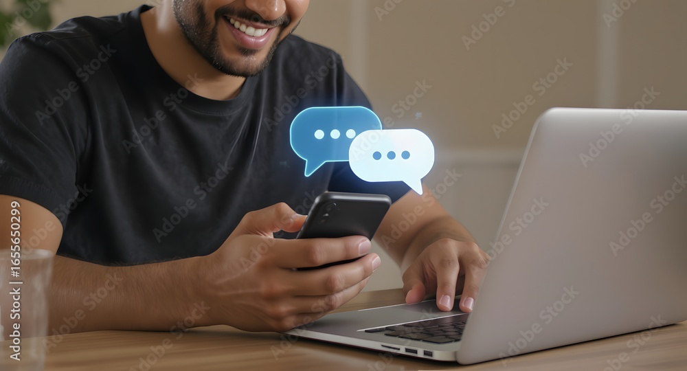Poster man hand using smartphone typing live chat chatting and social network concepts, chatting conversati