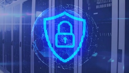 Global network security, symbolized by a digital shield and lock, within a server room