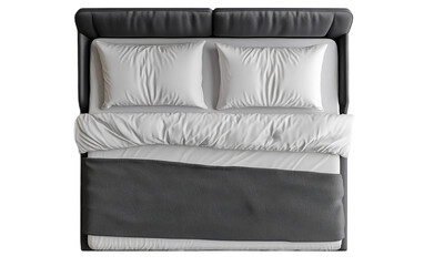 Top view of a neatly made bed with white pillows and duvet isolated on transparent background