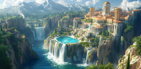 Panoramic view of fantasy island city rising from the sea with cliffs and ancient temples, Atlantis themed coastal civilization artwork ideal for mythical, cultural, and fantasy projects