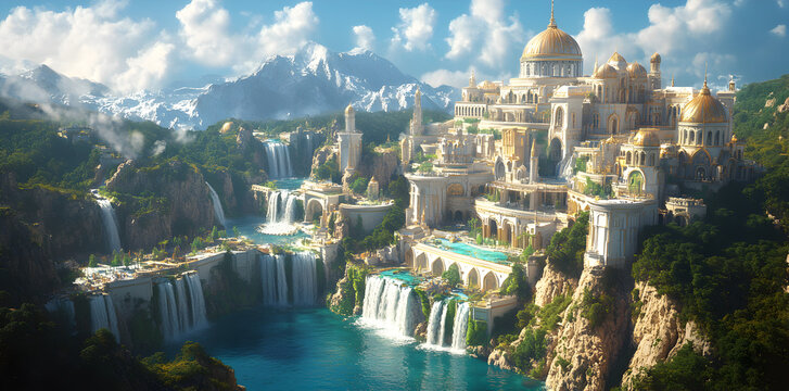 Mythical coastal city with grand architecture rising above cliffs and ocean, Atlantis-style civilization visual in wide panoramic format, perfect for fantasy and cultural illustrations