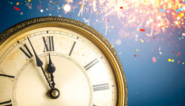 Countdown to Celebration: A close-up shot of an antique clock ticking towards midnight, framed by a vibrant burst of celebratory fireworks, capturing the thrill of an upcoming occasion.