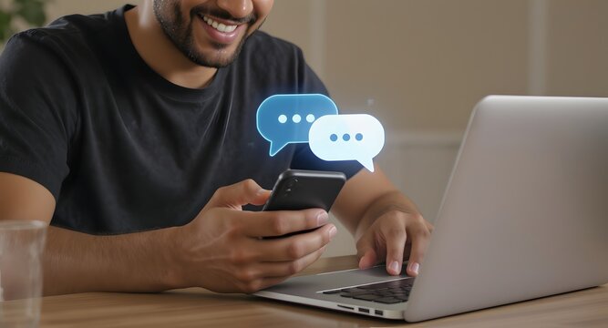 Man hand using smartphone typing Live chat chatting and social network concepts, chatting conversation working at home in chat box icons pop up. Social media marketing technology concept.