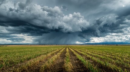 Dark, ominous clouds gather over a vibrant green field, indicating an impending storm. The agricultural landscape stretches wide under the threatening sky.