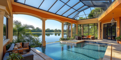 Tropical Florida mansion showcasing expansive lanai patio and screened pool facing the waterfront, upscale residential architecture and luxury home exterior design inspiration