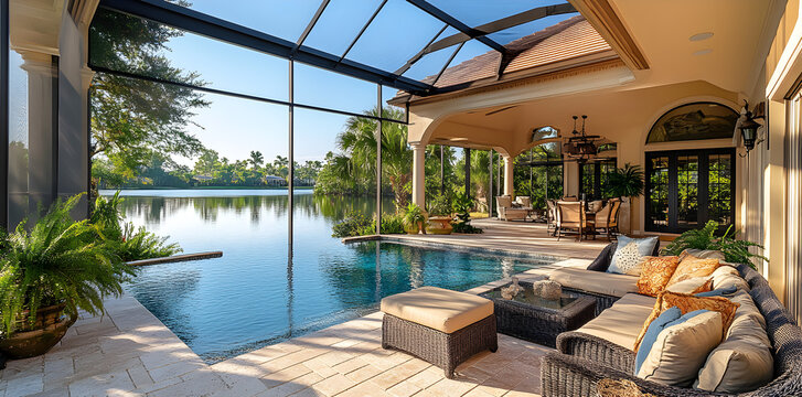 Exclusive Florida waterfront estate home with spacious lanai patio, screened pool enclosure, and sophisticated exterior design, tropical luxury living and architectural real estate concept