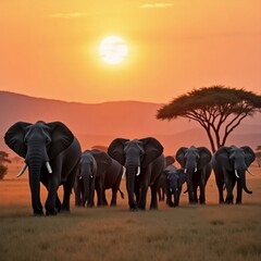 Majestic herd of elephants walk across the savanna at sunset
