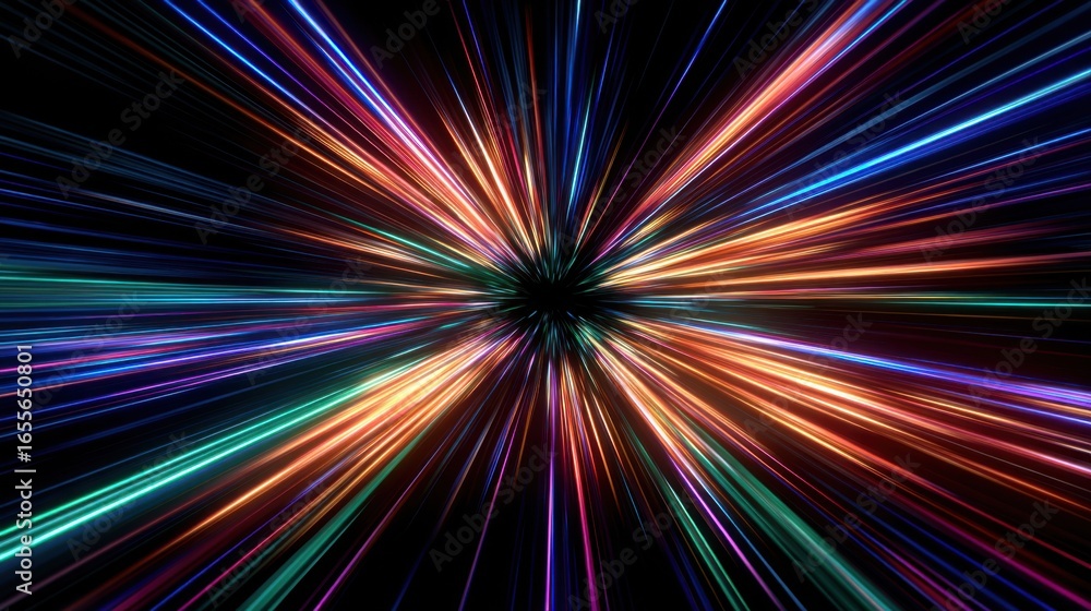 Poster bright and colorful rays extend outward from a central point, creating a dynamic effect that suggest