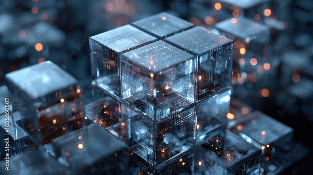 Poster translucent cubes are stacked and arranged in a digital environment, illuminated by glowing lights, 