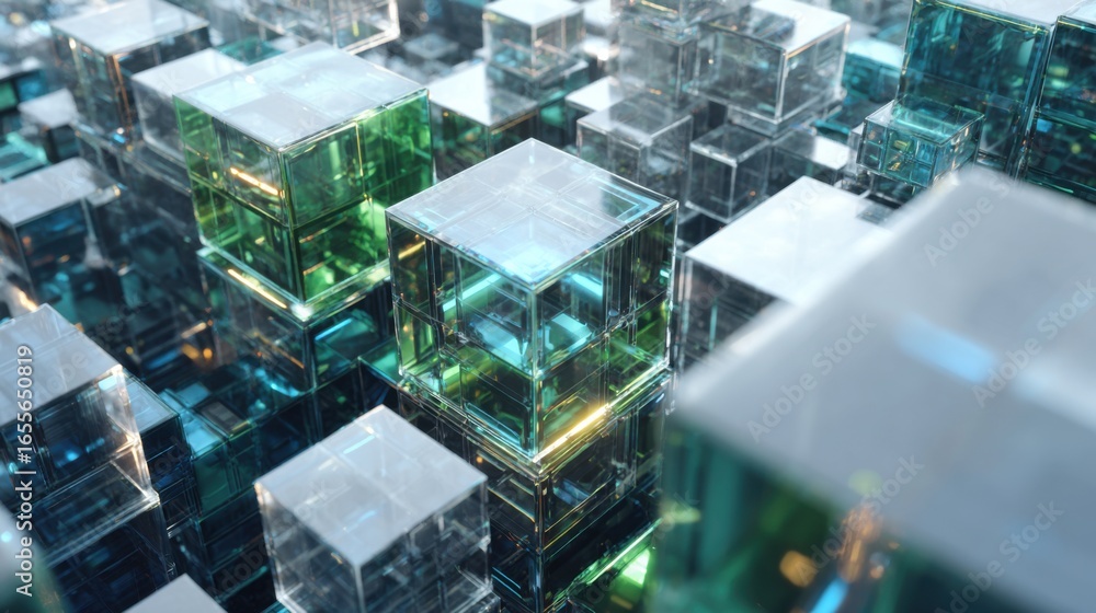 Aufkleber bright glass cubes in various shades of green and blue are stacked and arranged in a visually striki