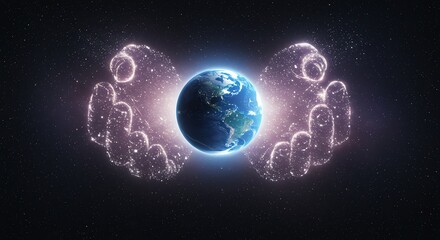 Earth globe cradled by glowing hands in space