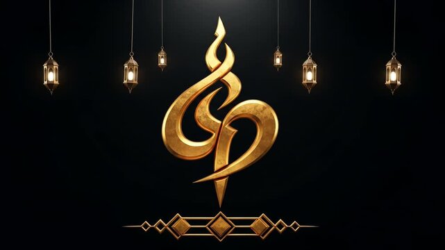 Elegant Golden Calligraphy Design with Hanging Lanterns  for Festive Celebrations