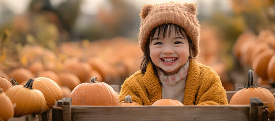 Autumn season outdoor concept with girl in wagon near pumpkins, family fun activity in harvest field, wide panoramic background with room for text, great for seasonal banner designs