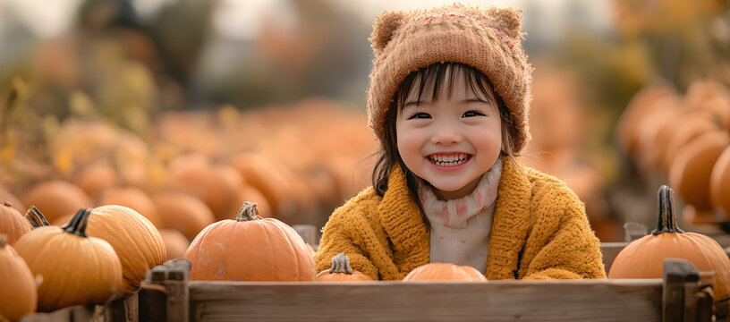 Autumn season outdoor concept with girl in wagon near pumpkins, family fun activity in harvest field, wide panoramic background with room for text, great for seasonal banner designs