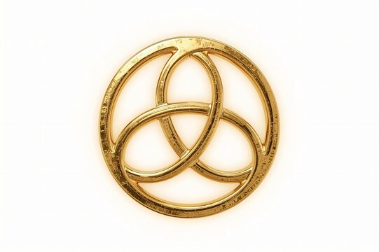 Golden, circular, intricate symbol with three interwoven loops