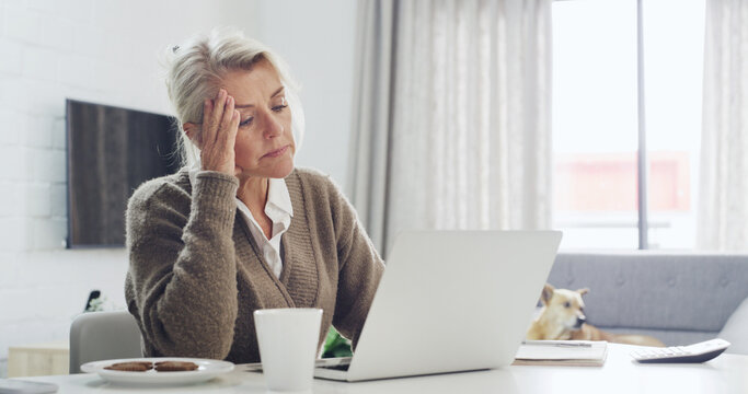 Home, headache and old woman with laptop, debt review and frustrated with subscription error. Loan decline, pensioner and senior person with pc, migraine and upset with financial mistake and stress