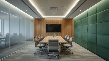 Obraz premium Widescreen Modern Meeting Room Background with Renewable Silver to Pearl Green Gradient Harmony and Premium Wood Grain for Luxury Executive Sophistication