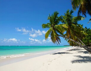 Obraz premium Tropical beach paradise with swaying palm trees