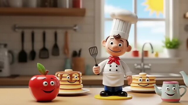 Happy chef character with smiling food items in a bright kitchen scene