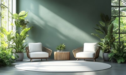 Office space with green walls and plants, emphasizing employee wellness in a nature-friendly corporate environment. Modern, sustainable, and ecological office design that adheres, Generative AI