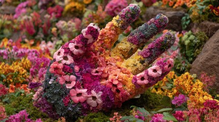 Fototapeta premium A large hand sculpture is adorned with various colorful flowers, blending seamlessly into a lush garden. The vibrant blooms surrounding the sculpture enhance the serene atmosphere and artistry.