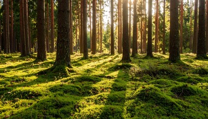 Sunlit Mossy Pine Forest.