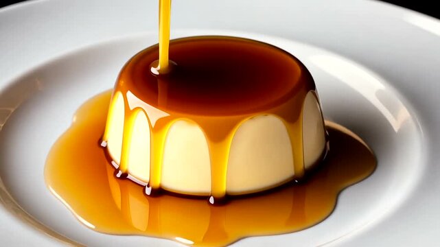 Creamy dessert with caramel sauce elegantly drizzling over a smooth flan on a white plate