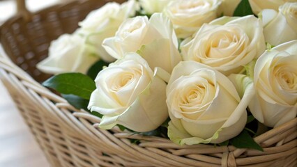 Obraz premium Close Up of White Roses in Wicker Basket with Sharp Focus and Detailed Petal Textures