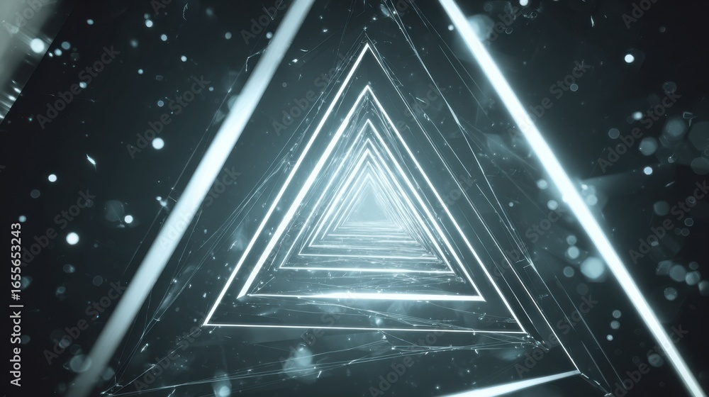 Poster intricate triangular patterns illuminate a dark space, creating a mesmerizing light tunnel effect. s