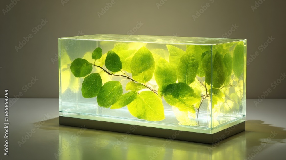 Poster fresh green leaves are carefully placed inside a transparent rectangular container, illuminated to e