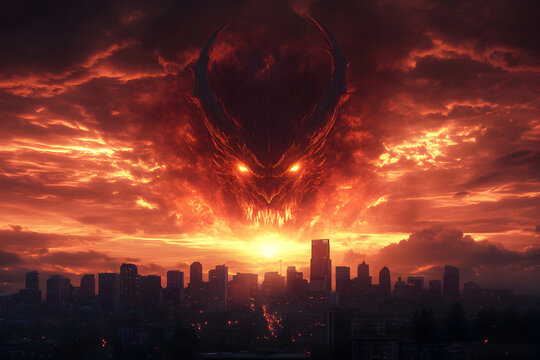 Apocalyptic scene of demonic face forming in fiery sky above modern city skyline, dark armageddon concept artwork representing evil, chaos, and end of the world stock illustration