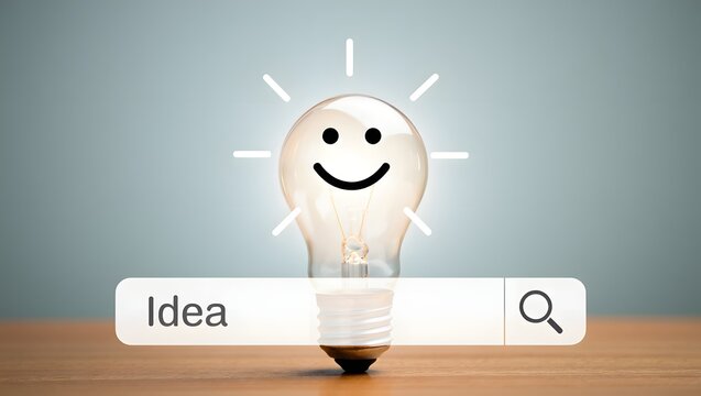 Lightbulb smile face and search bar with creative idea Concept. Searching of idea and innovation