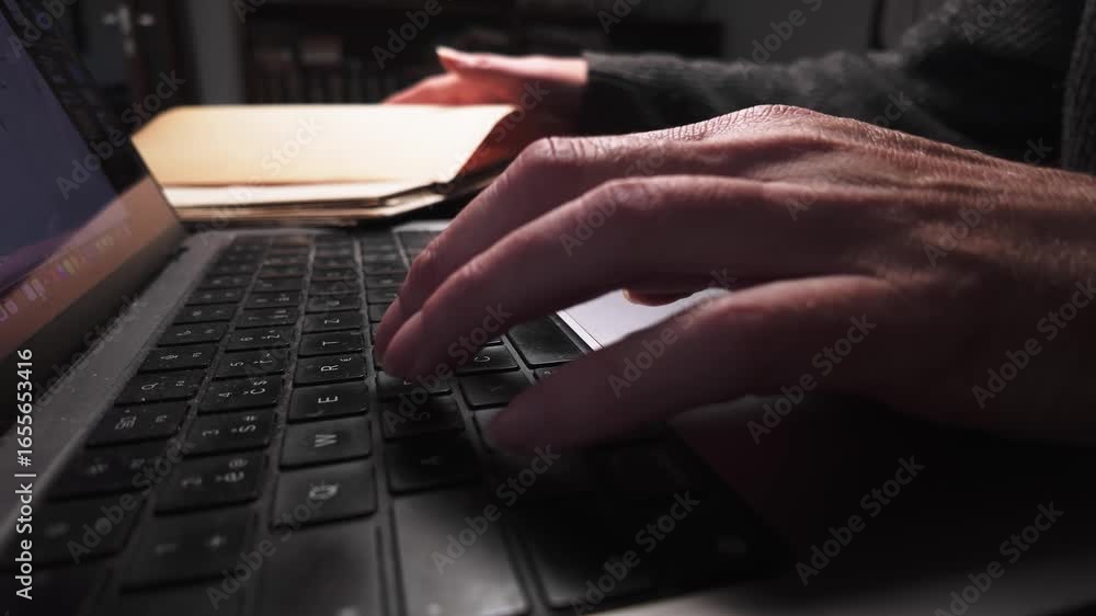 Poster man remote working from home typing on laptop keyboard in office side view