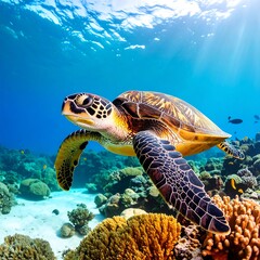 Obraz premium Underwater sea turtle gracefully swims over vibrant coral reef in sunlit ocean