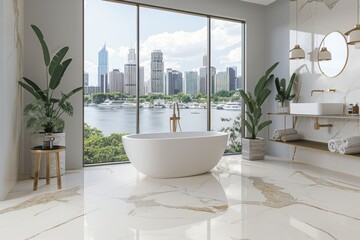 Luxurious bathroom showcases a large freestanding tub by a panoramic window overlooking a serene waterfront. Natural light enhances the elegant, modern aesthetic with plants and sleek fixtures.