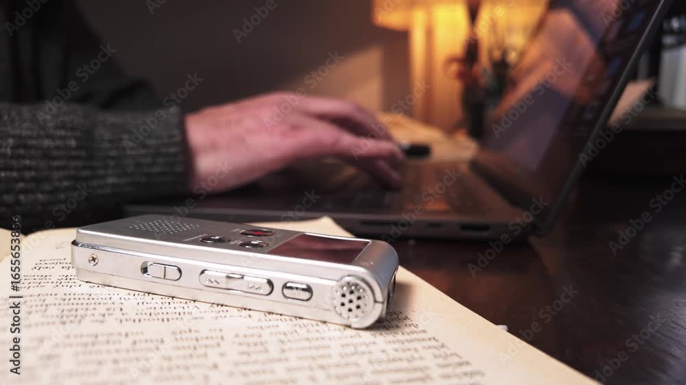 Poster man uses dictaphone audio recording to type up report on home laptop side view