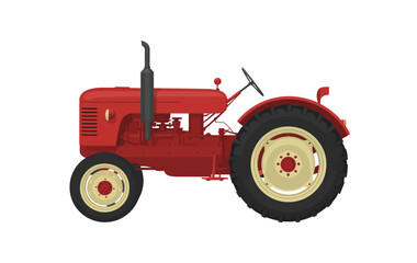 Obraz premium Vibrant red vintage agricultural tractor illustration, depicting classic farm machinery on a crisp white background, symbolizing heritage and rural industry.