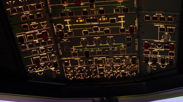 Airbus A320 cockpit toggle controls button interior, pilot making adjustment mid flight