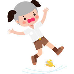 Fototapeta premium Cartoon Thai student Slipping on a Banana Peel and Falling Down Illustration flat style