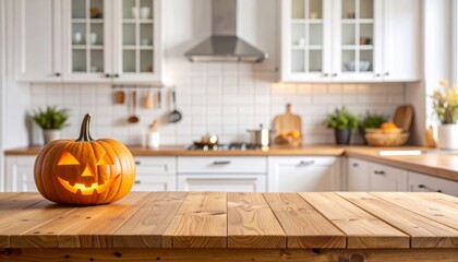 A cozy autumnal scene with a pumpkin on a modern kitchen table in a contemporary home