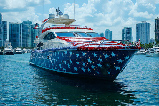 Luxury yacht decorated with American flags and patriotic banners for USA parade, festive 4th of July and Memorial Day holiday celebration on the water, perfect for stock visuals